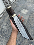 Custom Handmade Damascus Steel Crocodile Dundee Bowie Knife with Brass Guard and Leather Handle - 16”