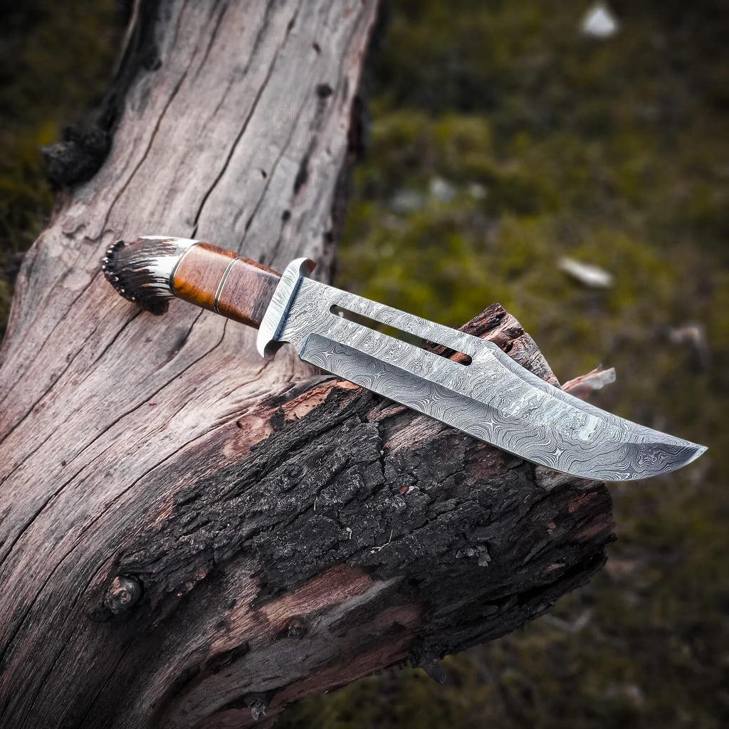 Custom Handmade Damascus Steel Bowie Knife with Damascus Steel Guard and Stag Handle - 16”