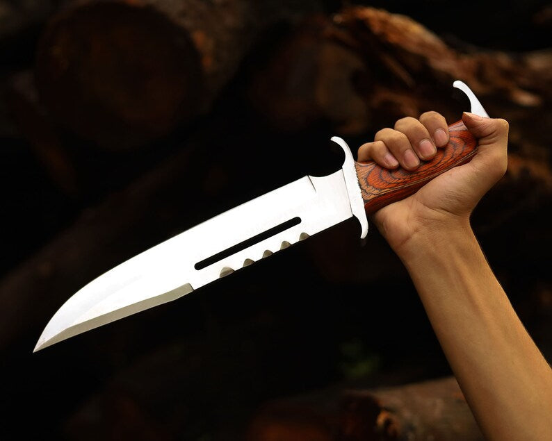 Premium Handmade J2 Steel Bowie Knife – 15" Pakka Wood Handle with Steel Guard & Leather Sheath