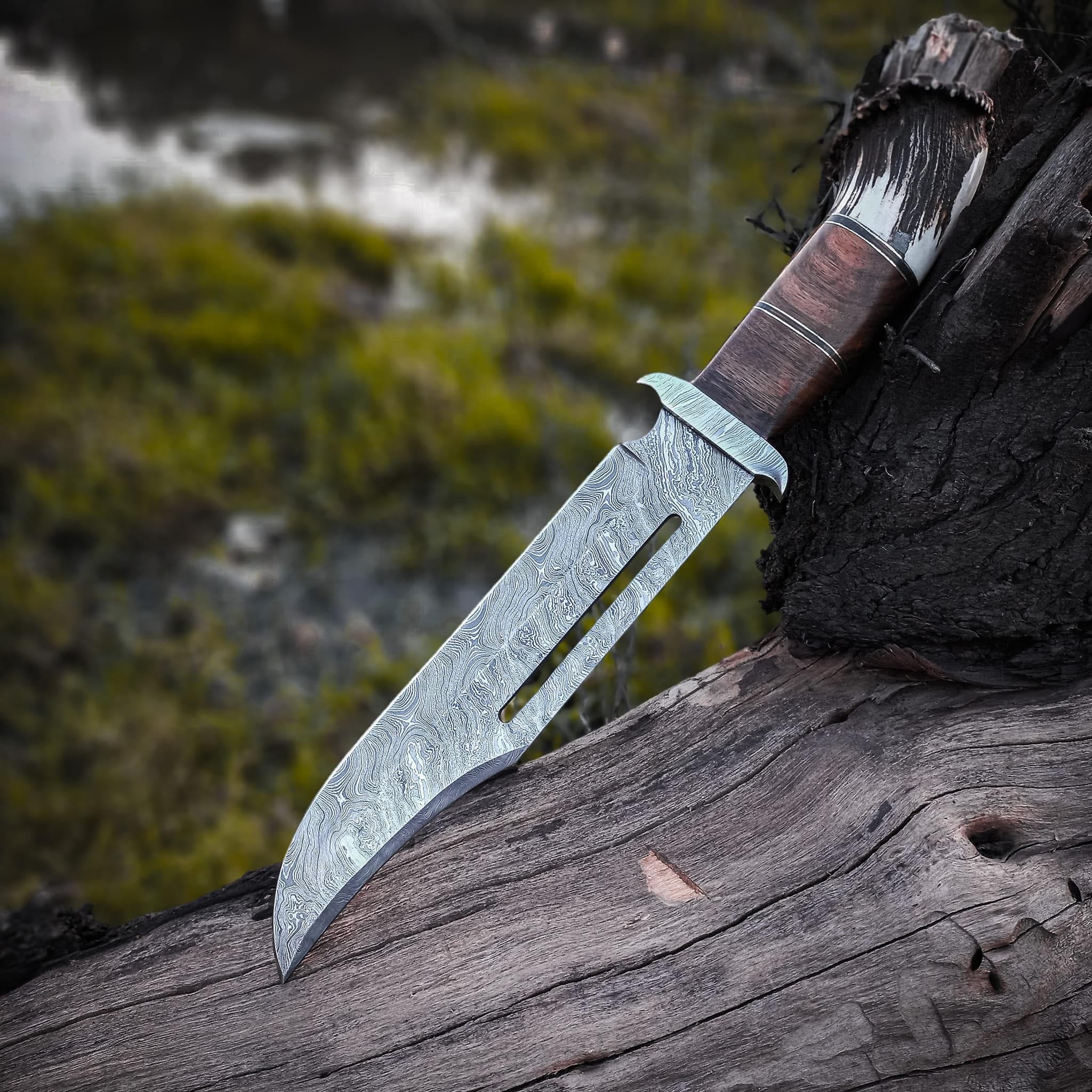 Custom Handmade Damascus Steel Bowie Knife with Damascus Steel Guard and Stag Handle - 16”