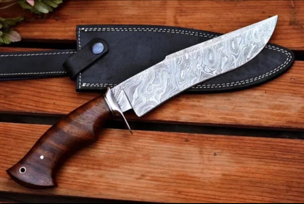 Custom Handmade Damascus Steel Bowie Knife with Steel Guard and Rosewood Handle, Includes Leather Sheath
