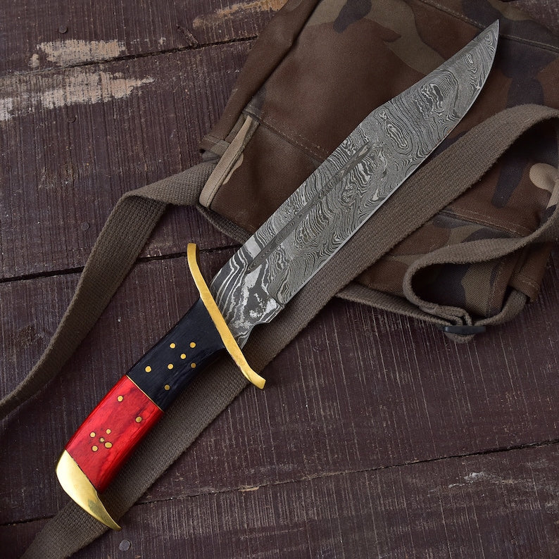 Premium Handmade Damascus Steel Rambo Bowie Knife with Brass Wood Handle & Leather Sheath