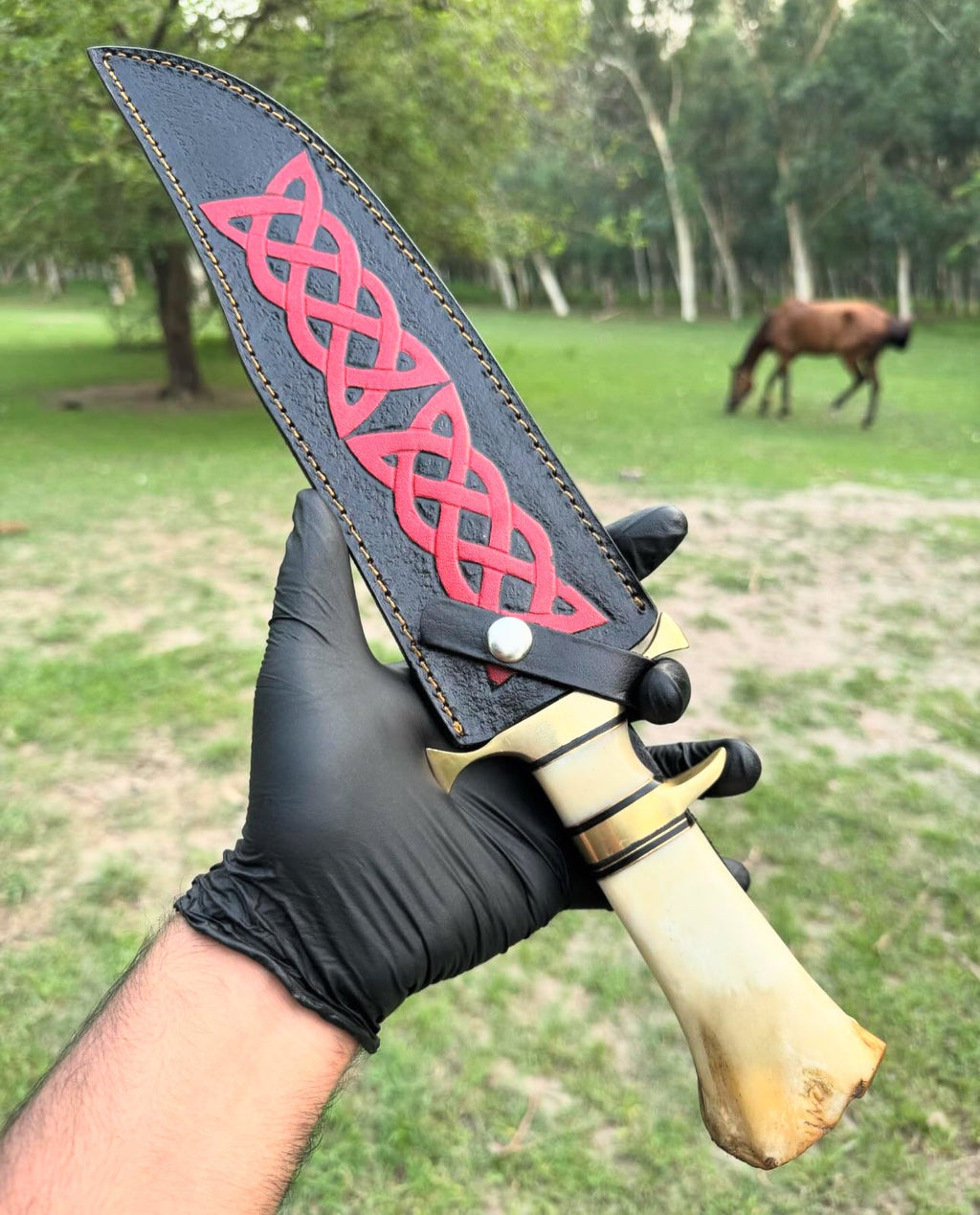 Luxurious Custom Handmade 16” Damascus Steel Bowie Knife with Brass Guard and Camel Bone Handle, Complete with Leather Sheath