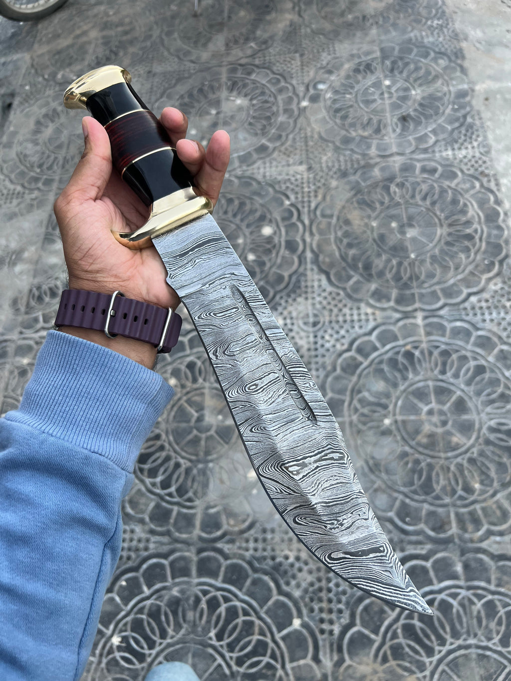Custom Handmade Damascus Steel Heavy Duty Crocodile Dundee Hunting Bowie Knife - 16" Overall Length