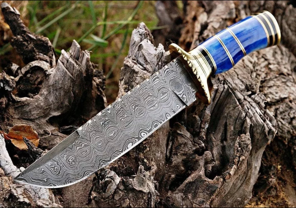 Premium Custom Handmade Damascus Steel Bowie Knife | Brass Guard & Color Bone Handle with Leather Sheath