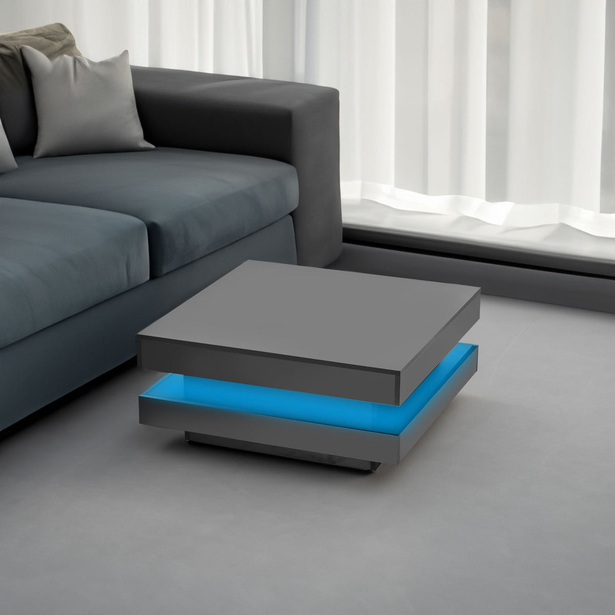 ON-TREND High Gloss Minimalist Design with LED Lights 2-Tier Square Coffee Table Black