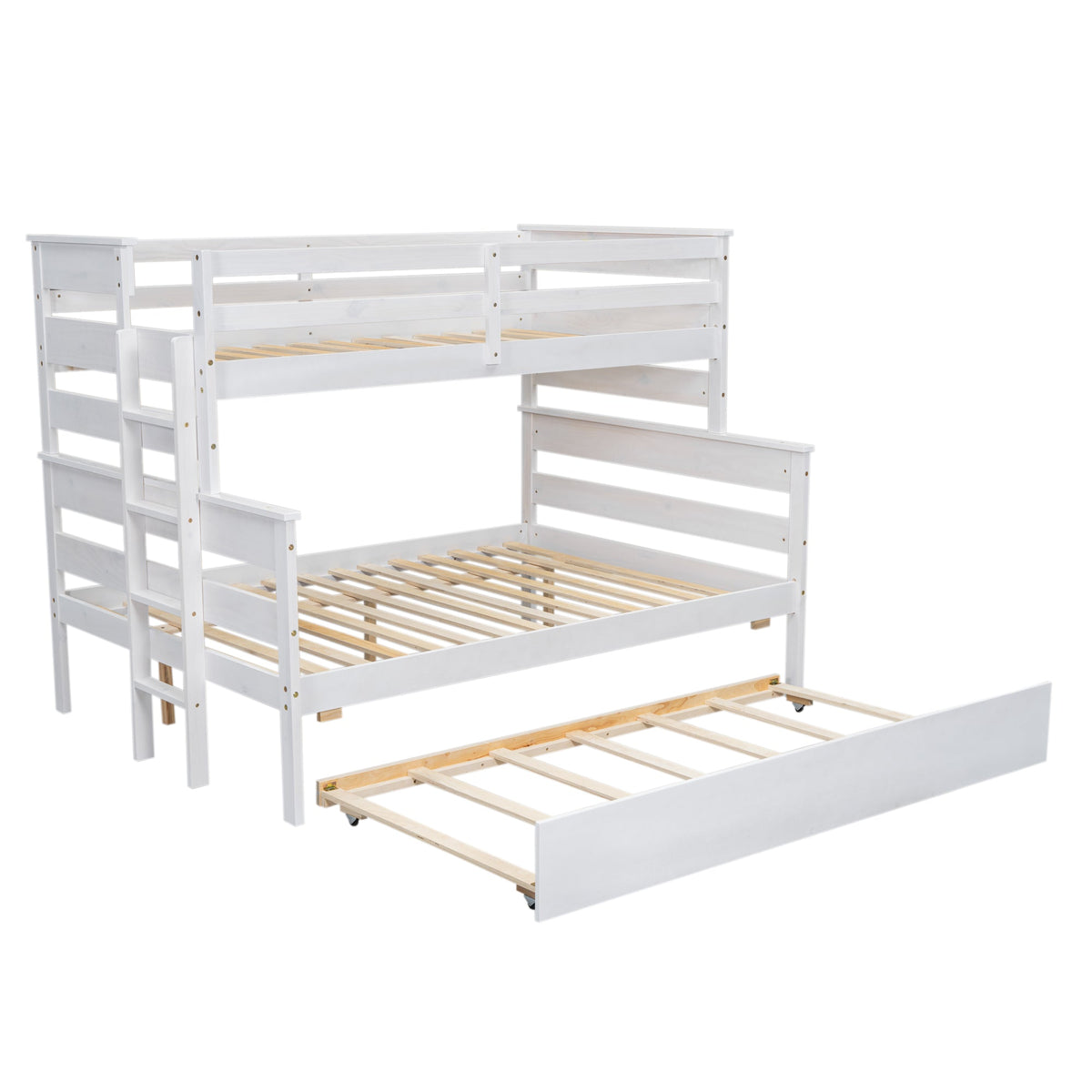 Wood Twin over Full Bunk Bed with Twin Size Trundle  White