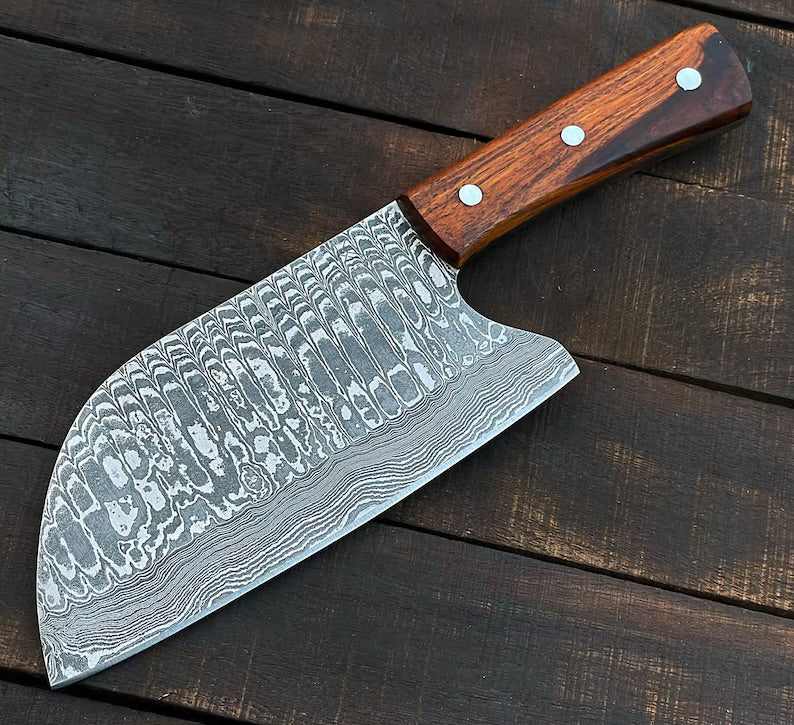 Handmade 10" Damascus Steel Cleaver – Rosewood Handle & Leather Sheath