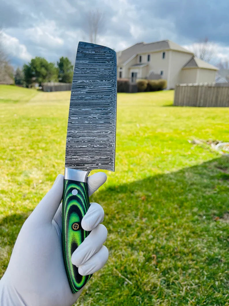 Custom Handmade Damascus Steel 5-Piece Kitchen Knife Set with G10 Handle and Steel Bolster - Includes Leather Roll Kit