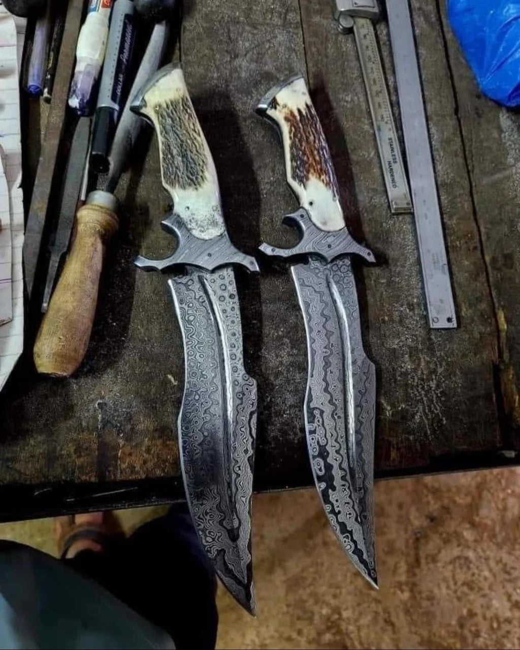 Custom Handmade Damascus Steel Bowie Knife with Damascus Steel Guard and Stag Handle - 16”
