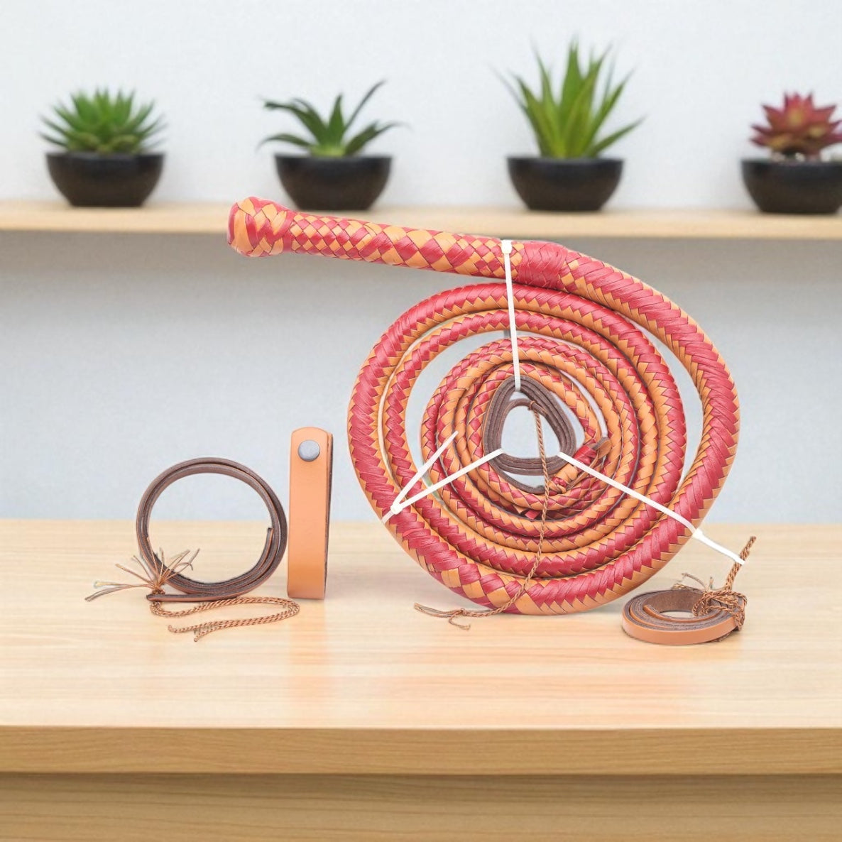 Bold Pink & Orange Leather Bull Whip – Handmade Cowhide Whip for Training, Performance & Collectors