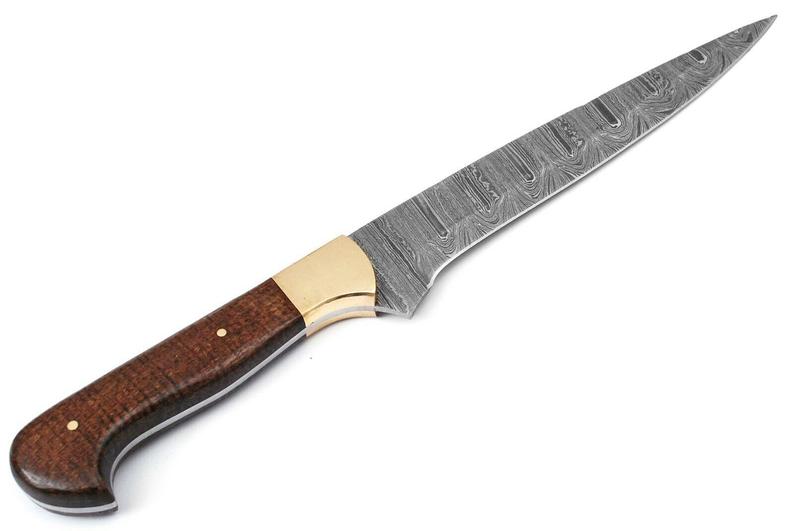 Custom Handmade Damascus Fillet Knife - 12" Micarta Handle with Brass Bolster and Leather Sheath