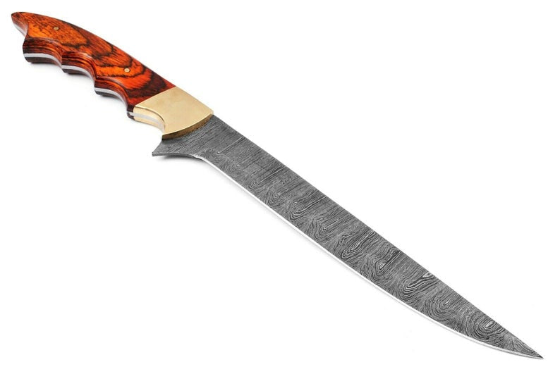 Custom Handmade Damascus Fillet Knife - 12" with Exotic Wood Handle and Brass Bolster