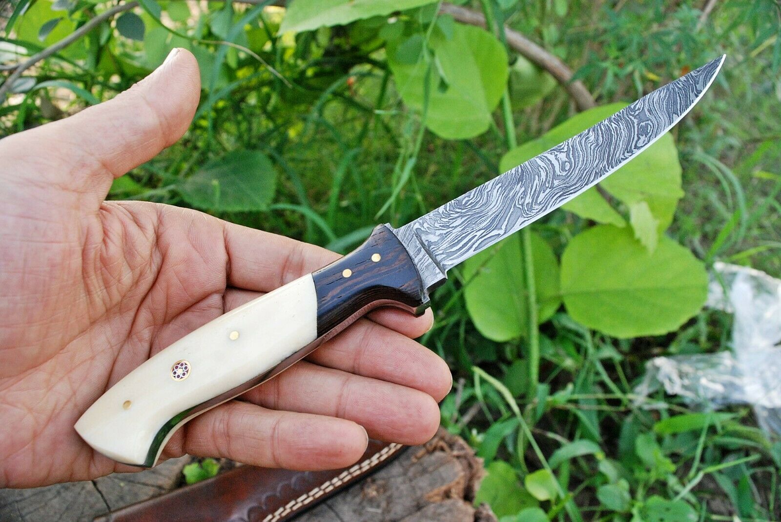 Custom Handmade Damascus Fishing Fillet Knife - 11" Blade with Wenge Wood and Bone Handle & Leather Sheath | Top Flexible Fillet Knives