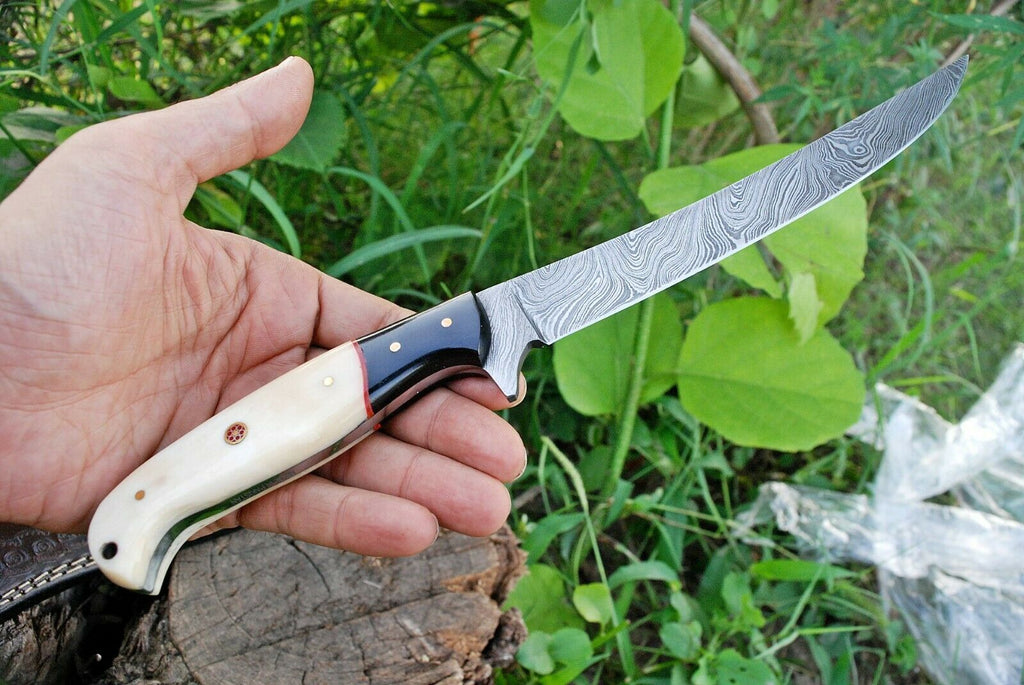 Custom Handmade Damascus Fishing Fillet Knife - 13" Blade with Bone and Micarta Handle & Leather Sheath | Best Flexible Fillet Knives