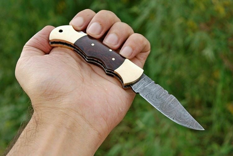 Custom Handmade Damascus Folding Knife – 3" Blade, Rosewood Handle & Steel Bolster