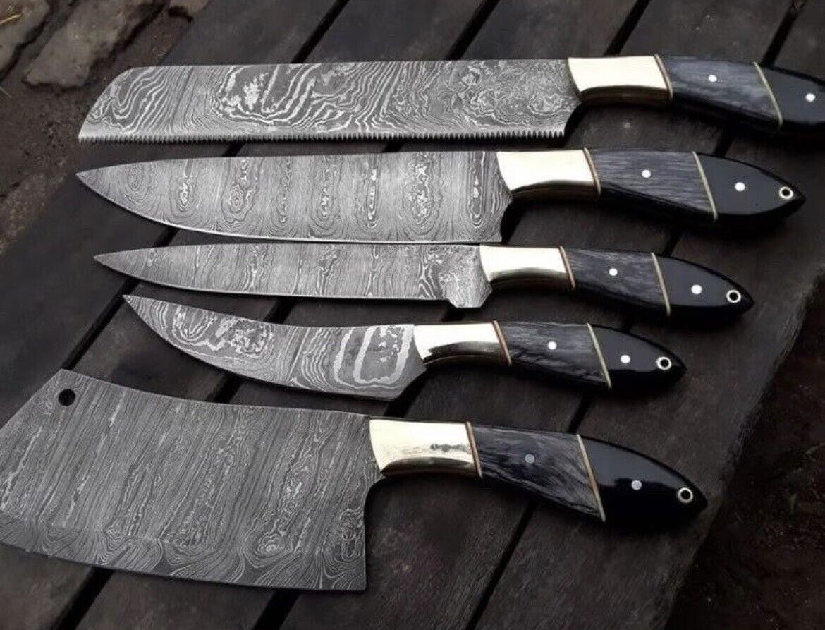 Custom Handmade Damascus Steel Kitchen Knives Set with Pakkawood & Buffalo Horn Handles | Steel Bolster | Includes Leather Sheath