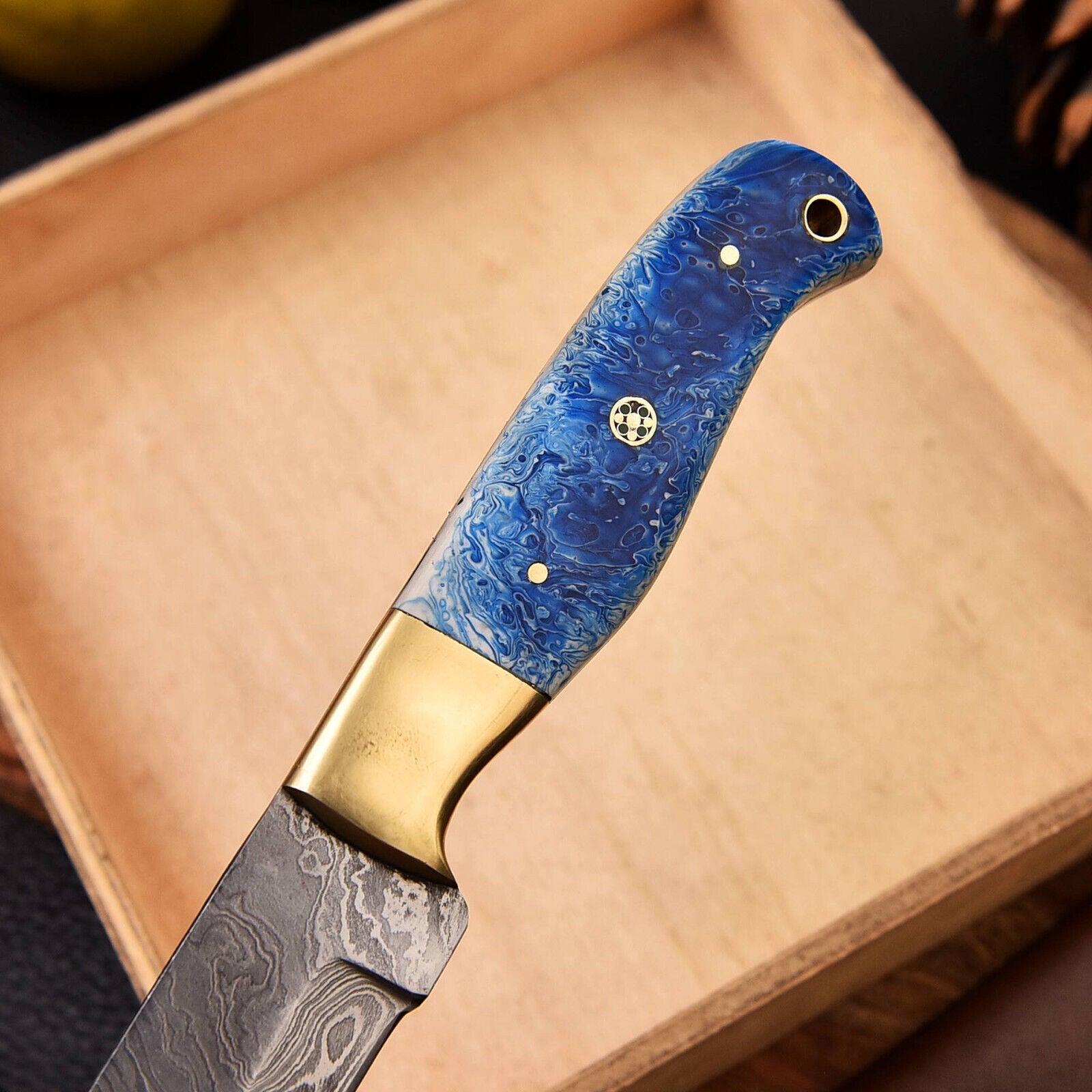 Handmade Damascus Fillet Knife – Brass & Resin Handle with Leather Sheath | Best Fillet Knife