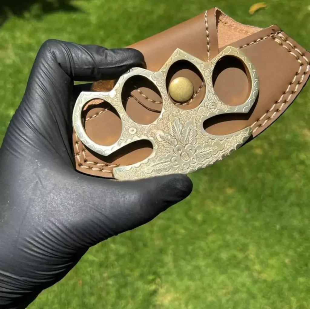 Handmade Engraved Brass Knuckle with Belt Loop Leather Case – Solid Brass Self Defense Tool