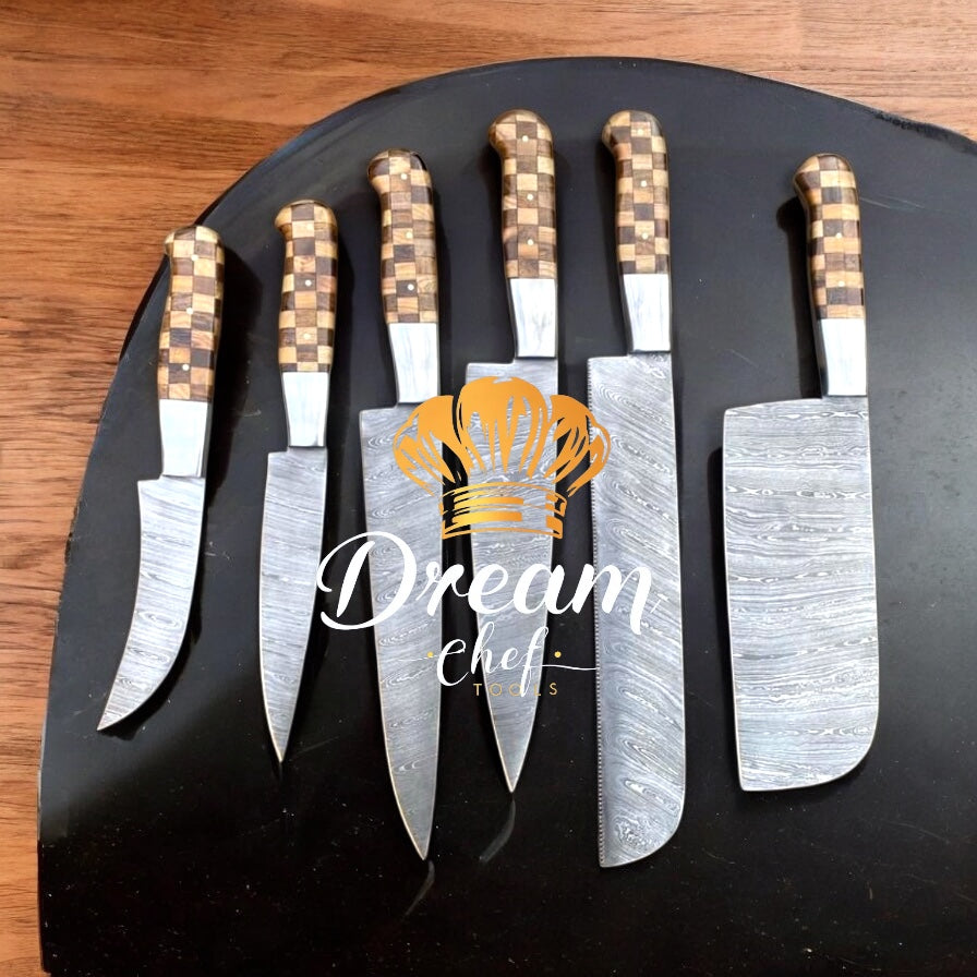 Handmade Damascus Steel Knife Set – Olivewood & Rosewood Handle with Leather Case