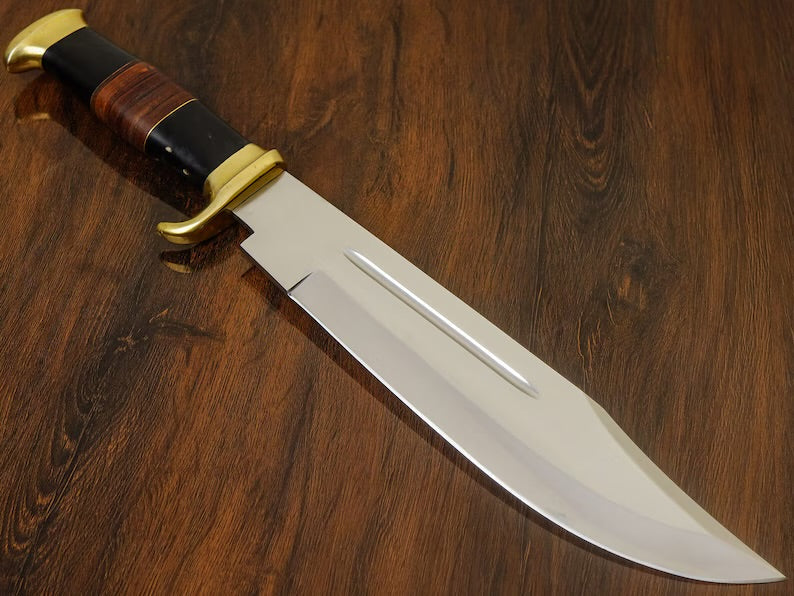 Premium J2 Steel Crocodile Dundee Bowie Knife – 16” with Brass Guard, Buffalo Horn & Leather Handle | Custom Handmade Knife with Leather Sheath