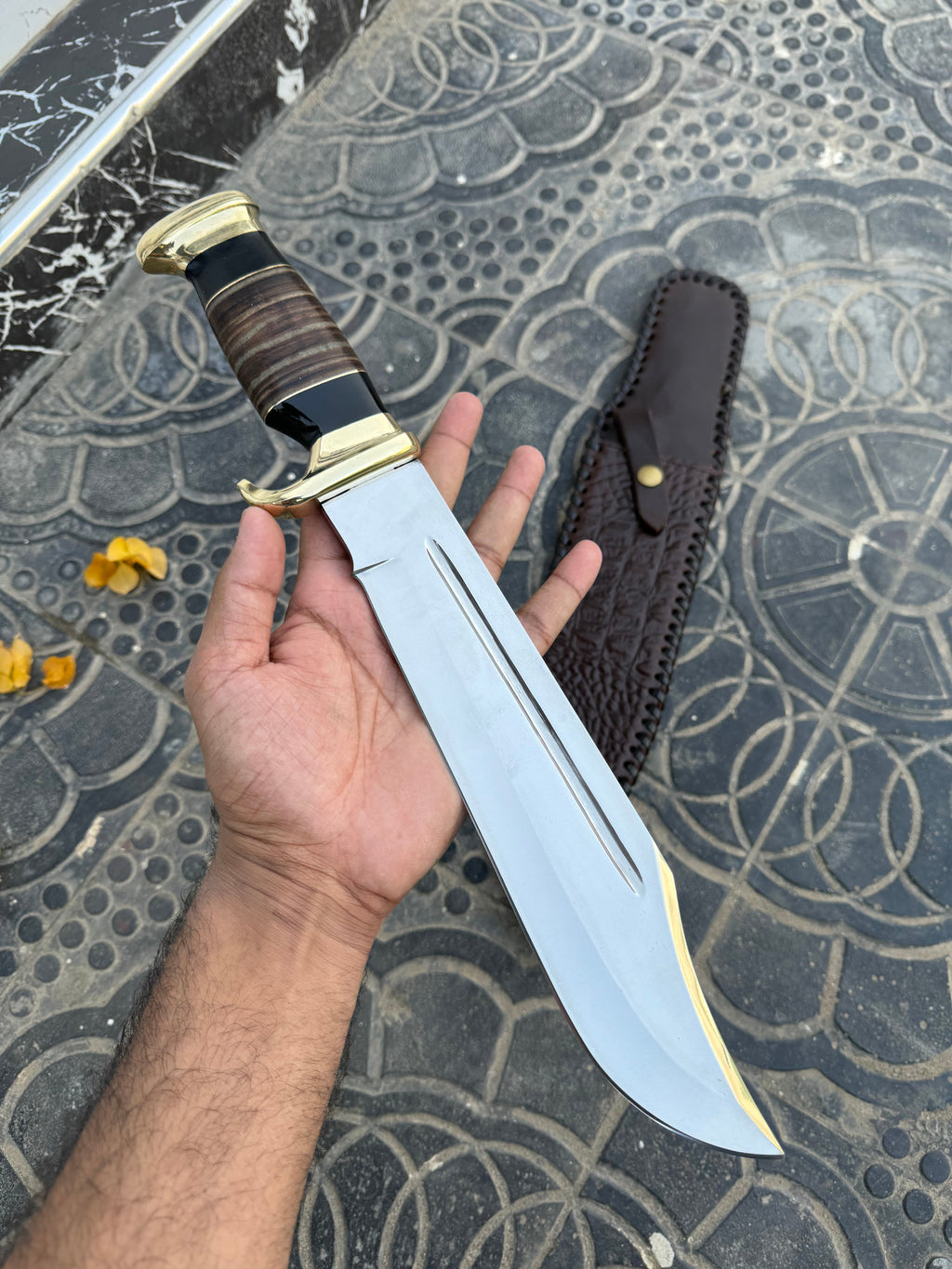 Custom Handmade J2 Steel Crocodile Dundee Bowie Knife with Brass Guard and Leather Handle - 16”