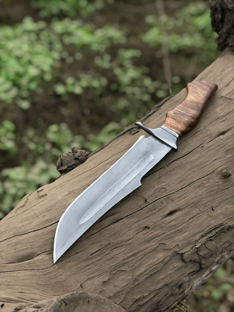 Custom Handmade 15-Inch D2 Steel Acid Wash Bowie Knife with Rosewood Handle and Steel Guard