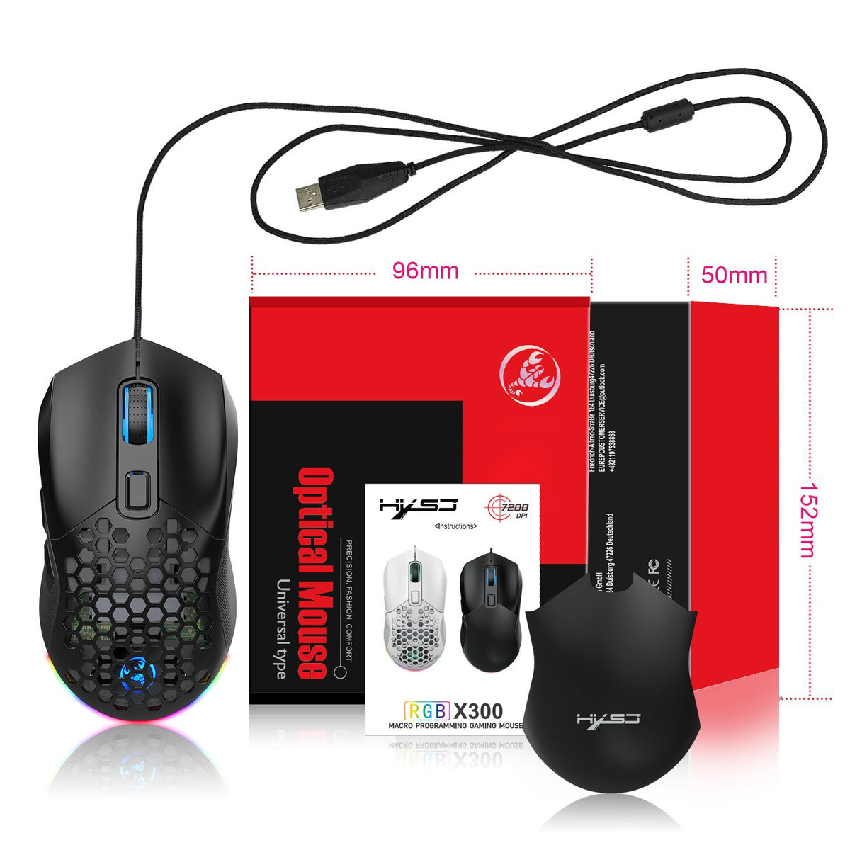 Wired mouse RGB backlight 7200dpi hole gaming mouse interchangeable back cover lightweight