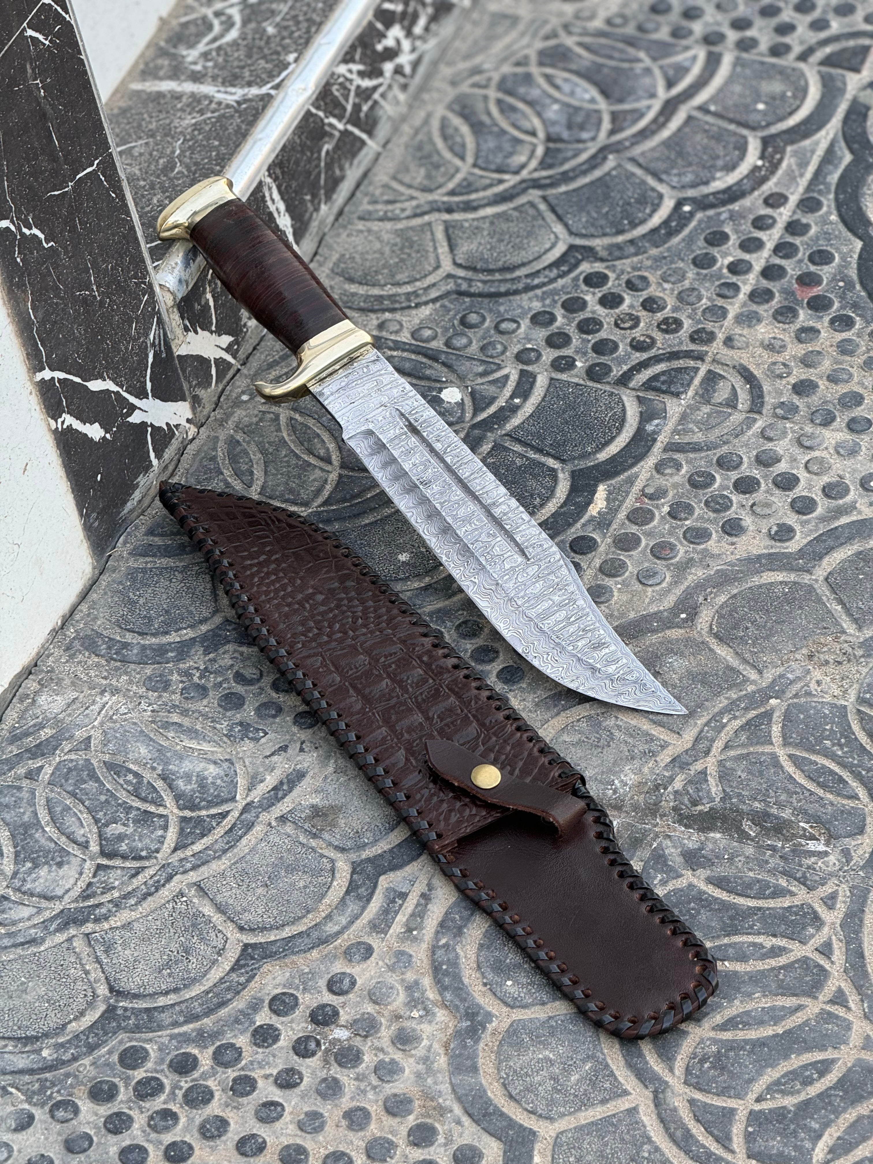 Custom Handmade Damascus Steel Crocodile Dundee Bowie Knife with Brass Guard and Leather Handle - 16”