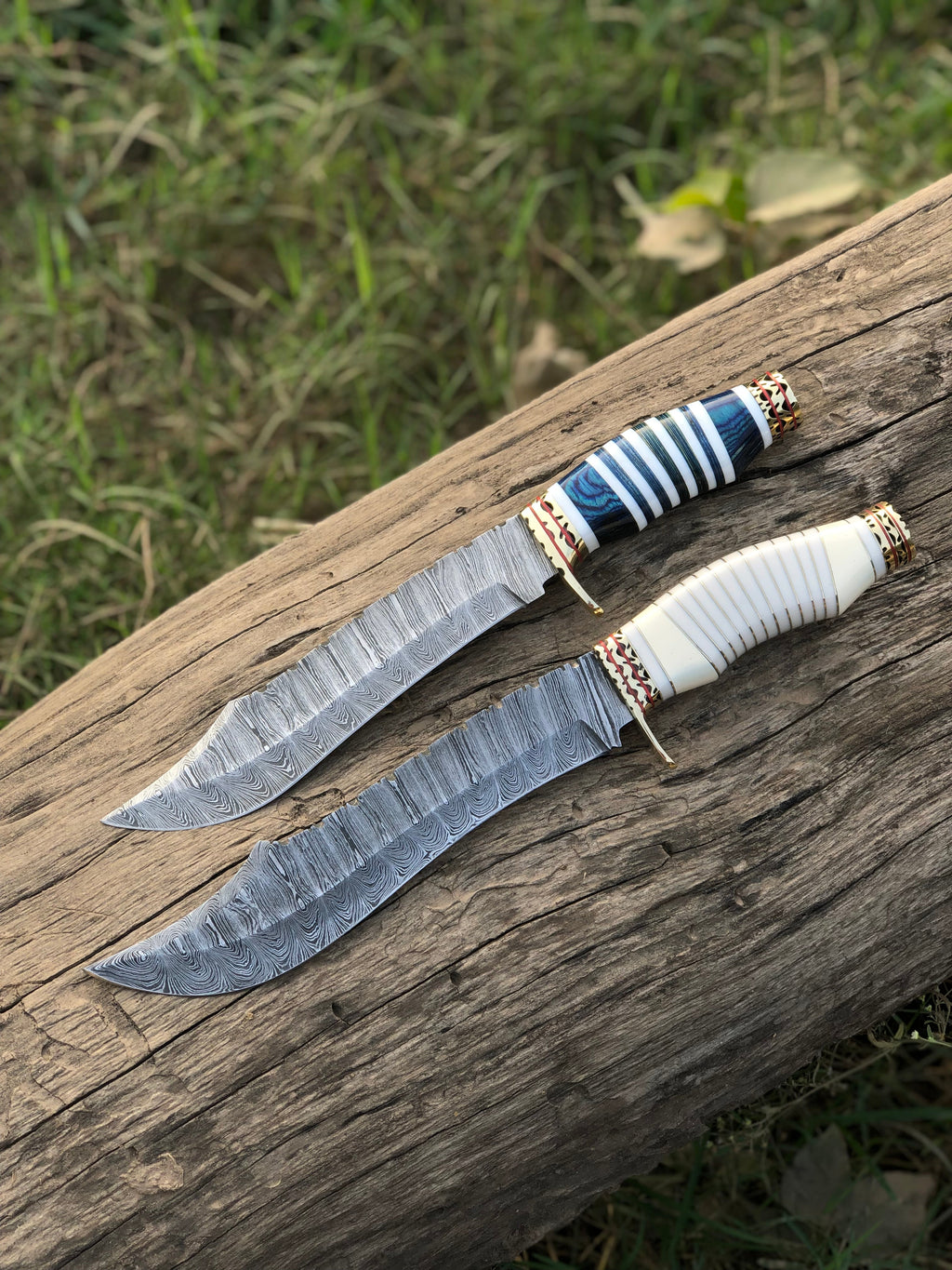 Custom Handmade Damascus Steel Bowie Knife with Brass Guard, Camel Bone and Brass Wood Handle - 13”