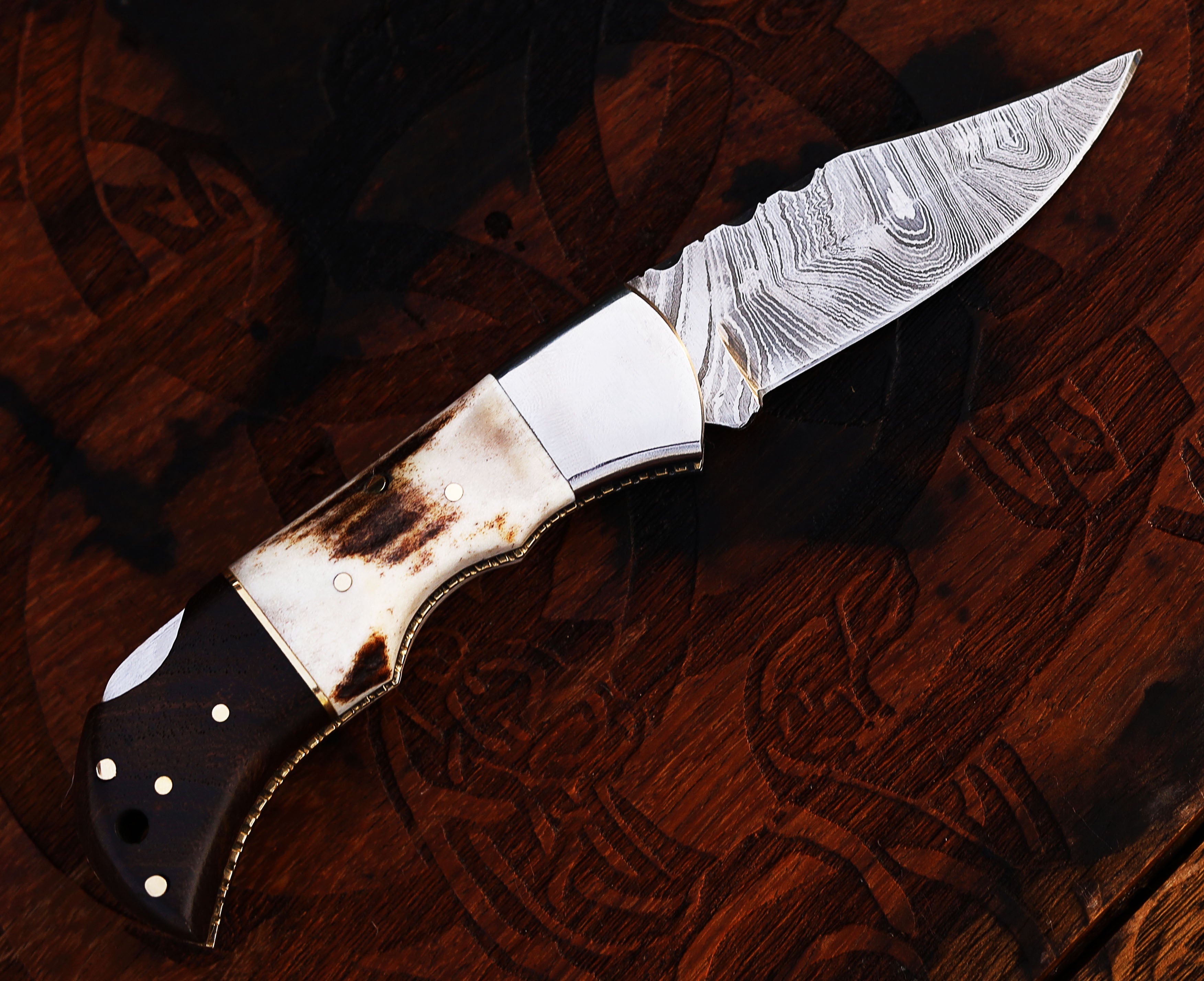 DAMASCUS STEEL POCKET KNIFE STAG AND ROSE WOOD HANDLE KNIFE HANDMADE