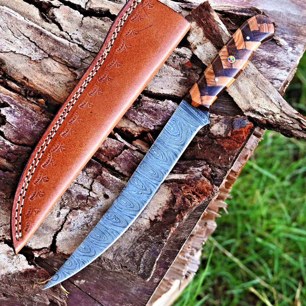 Fishing Fillet Knife - Handmade Damascus Steel Best Fillet Knife with Rosewood and Olive Wood Handle & Leather Sheath