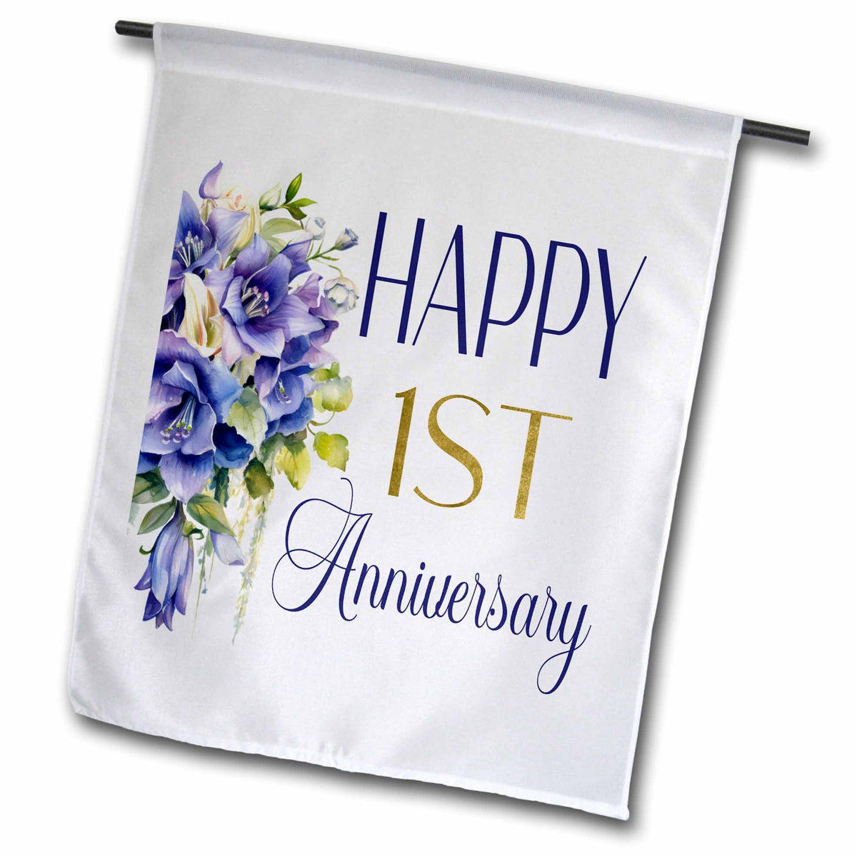 3dRose Purple Blue Bell Flowers Happy 1st Anniversary - Flags (fl-382947)