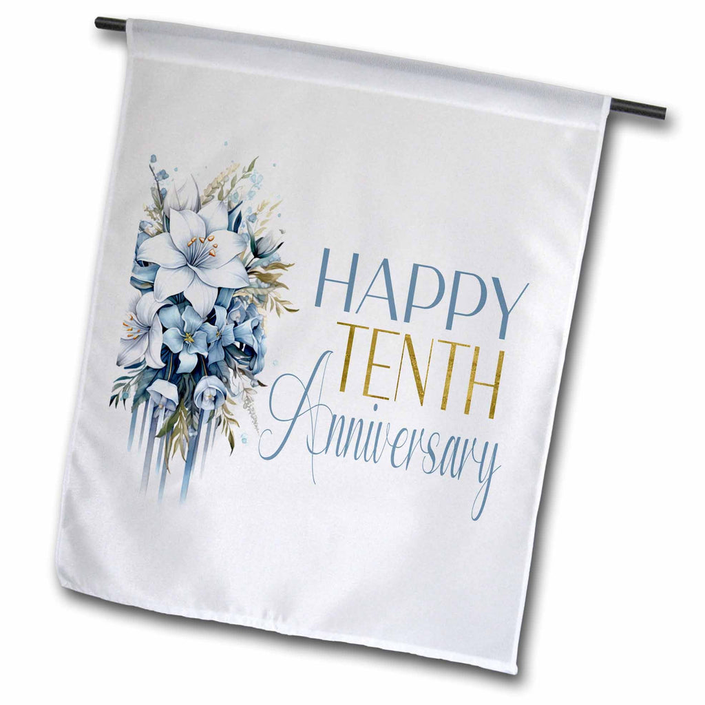 3dRose Pretty Blue Floral Happy Tenth Anniversary - Flags (fl-383019)