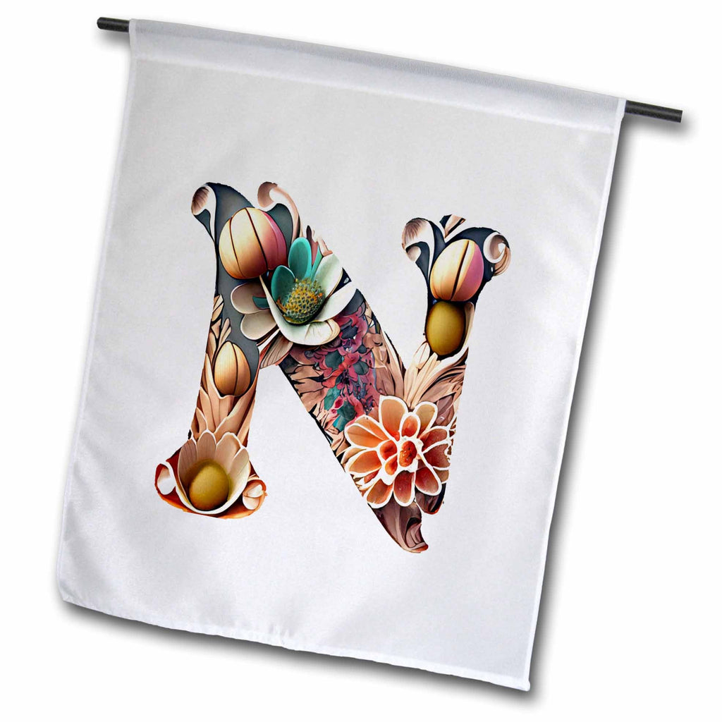 3dRose Anne Marie Baugh - Monograms - Boho Floral Monogram Initial N - Flags (fl-383740)