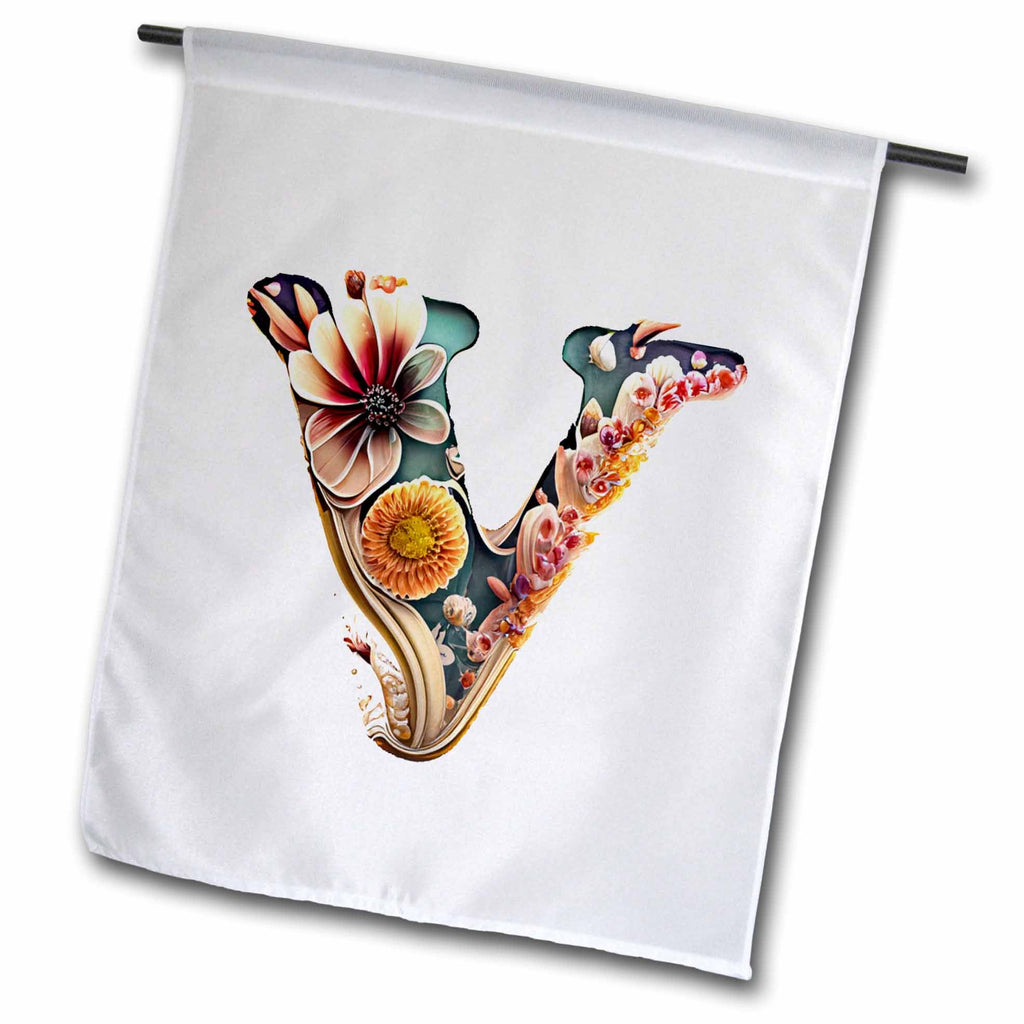 3dRose Anne Marie Baugh - Monograms - Boho Floral Monogram Initial V - Flags (fl-383745)