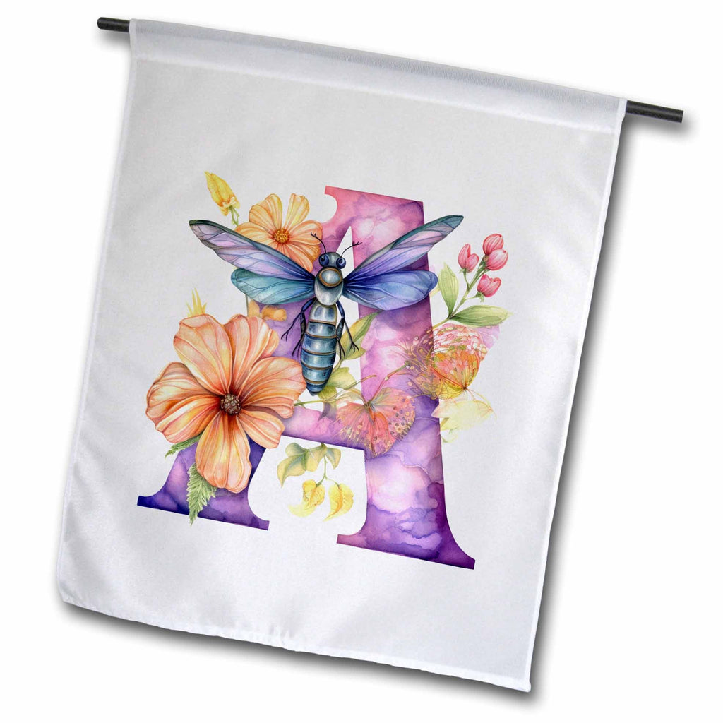 3dRose Pretty Pastel Floral Insect Monogram Initial A - Flags (fl-383749)