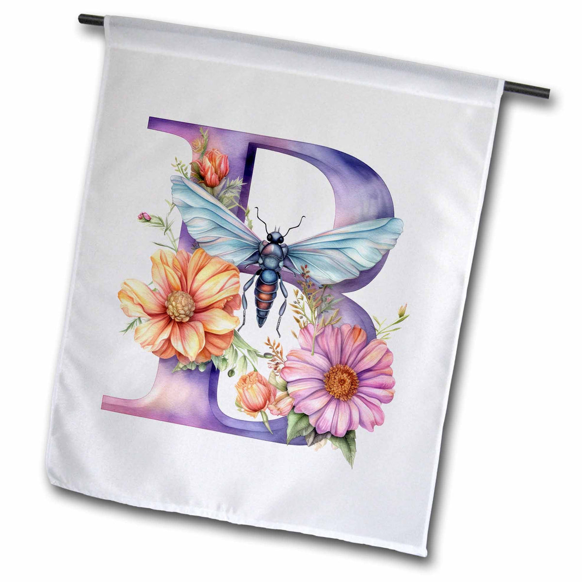 3dRose Pretty Pastel Floral Insect Monogram Initial B - Flags (fl-383750)