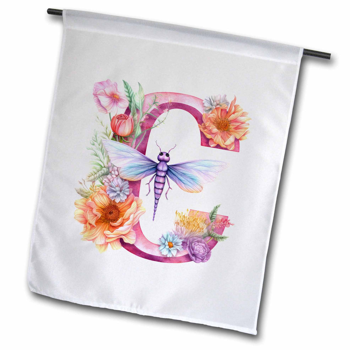 3dRose Pretty Pastel Floral Insect Monogram Initial C - Flags (fl-383751)