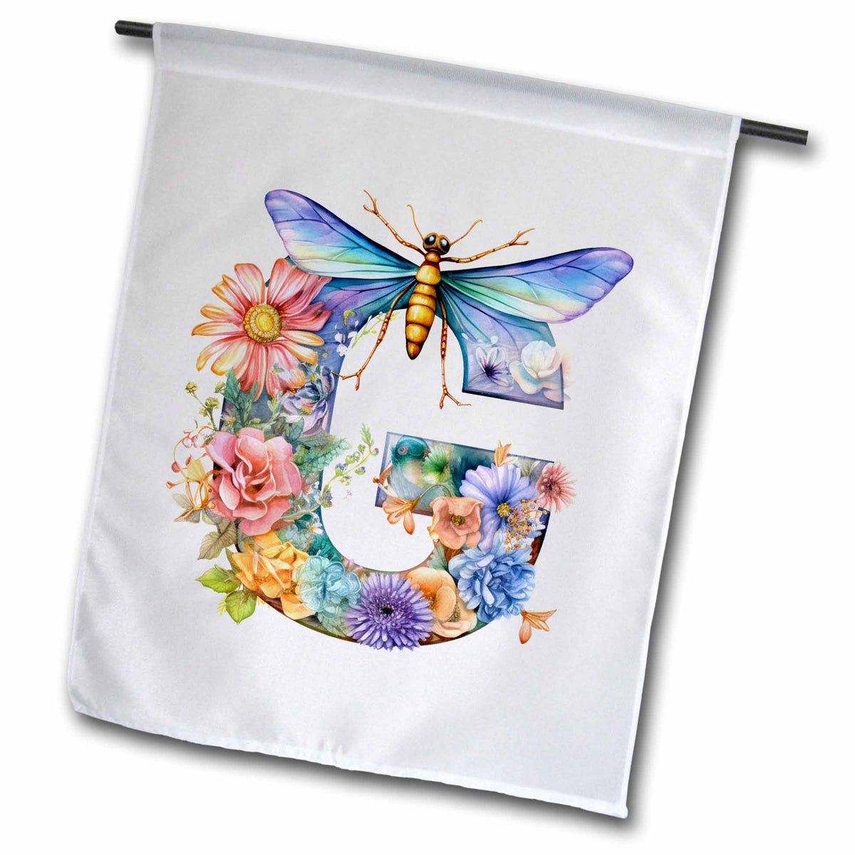 3dRose Pretty Pastel Floral Insect Monogram Initial G - Flags (fl-383754)