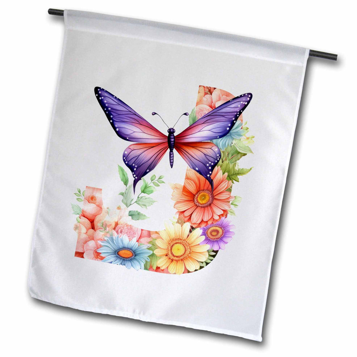 3dRose Pretty Pastel Floral Insect Monogram Initial J - Flags (fl-383756)