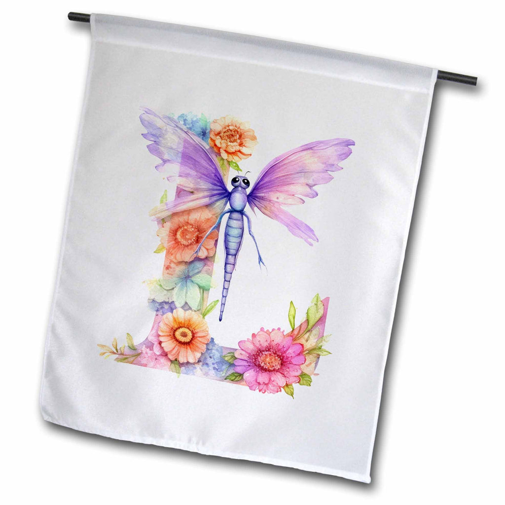 3dRose Pretty Pastel Floral Insect Monogram Initial L - Flags (fl-383758)