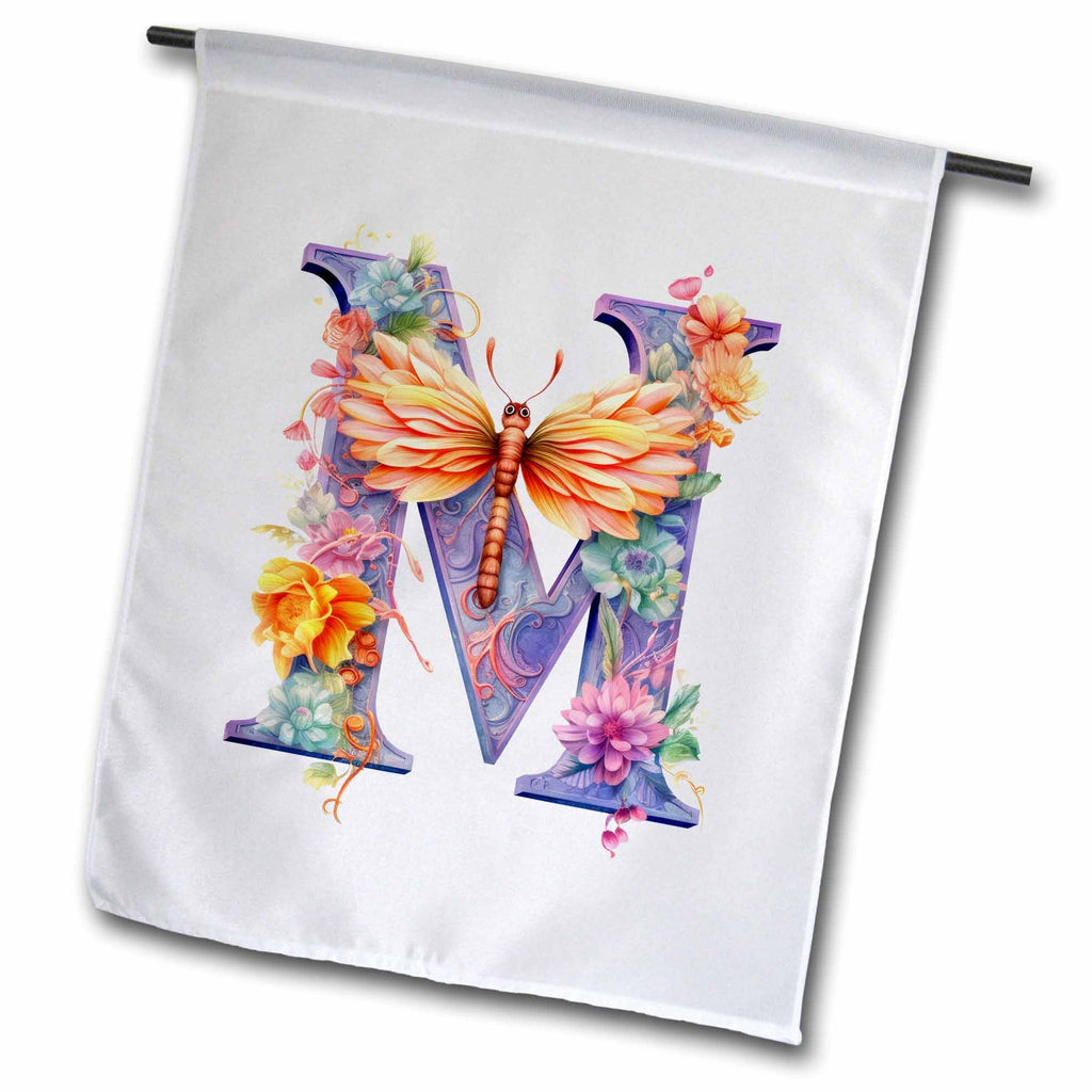 3dRose Pretty Pastel Floral Insect Monogram Initial M - Flags (fl-383759)