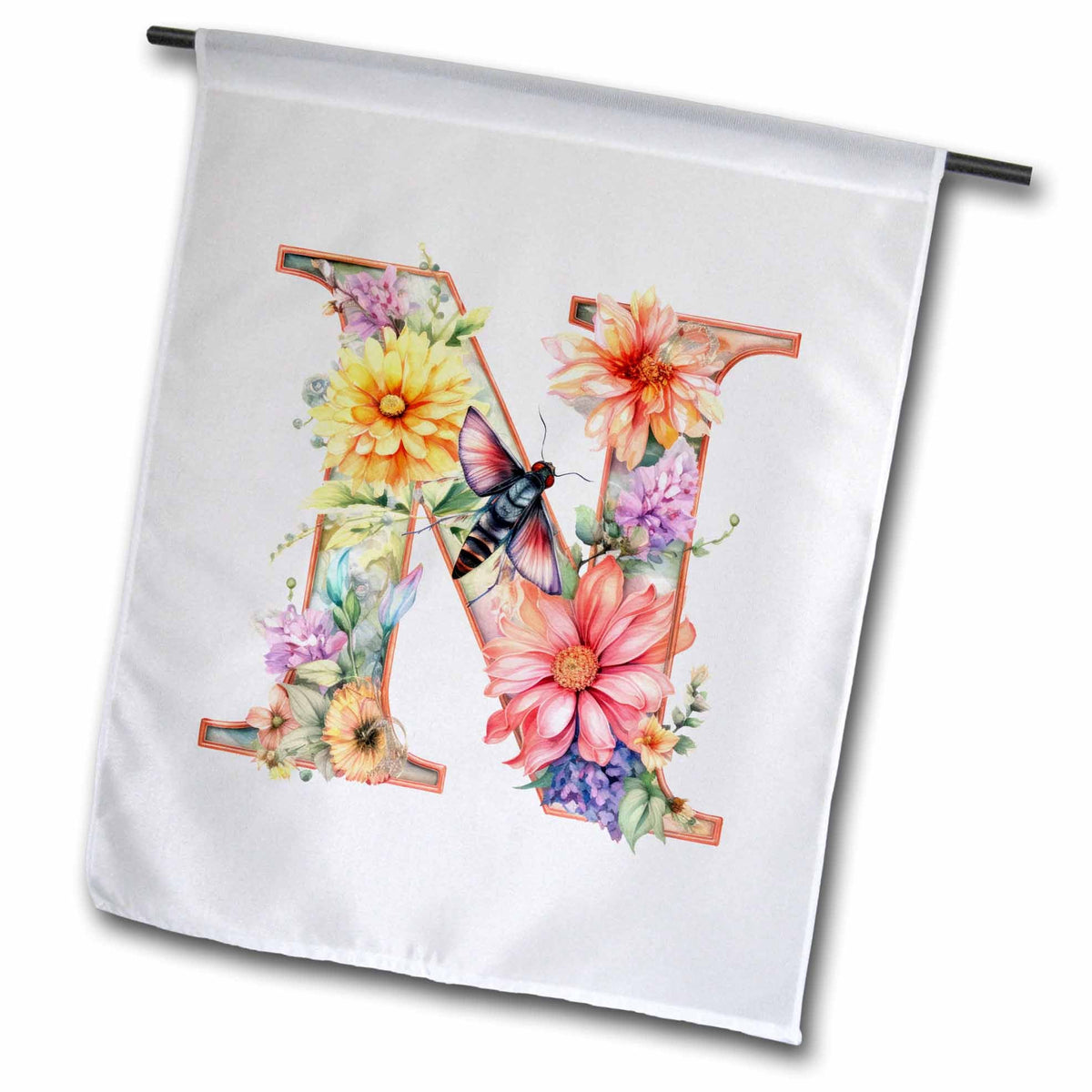 3dRose Pretty Pastel Floral Insect Monogram Initial N - Flags (fl-383760)