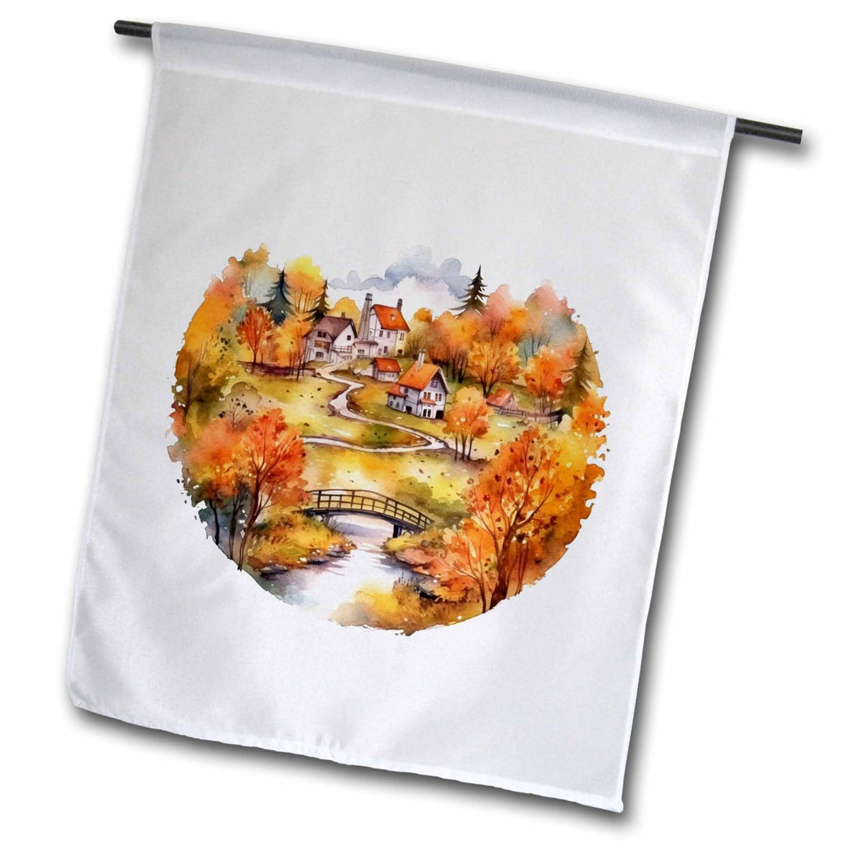 3dRose Anne Marie Baugh - Illustrations - Fall Scene in A Circle Illustration - Flags (fl-384084)