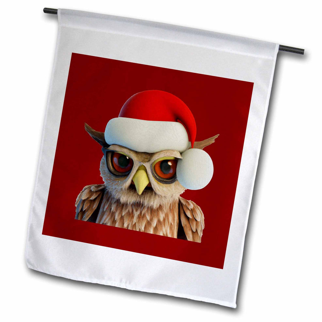 3dRose Funny Christmas Owl Wearing Santa Hat - Flags (fl-384645)