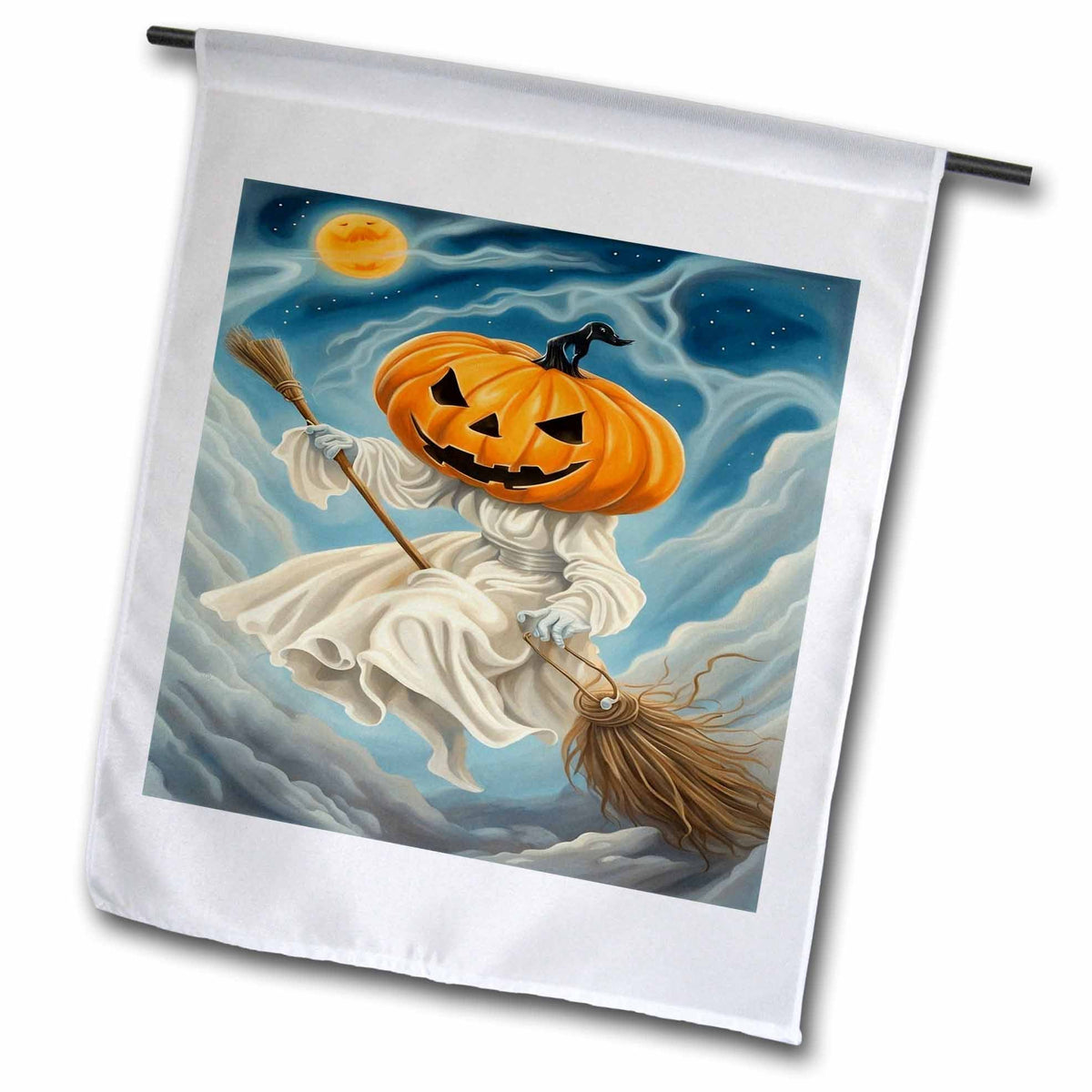 3dRose Flying Ghost Witch with Jack-O-Lantern Face Sat Astride A Broomstick - Flags (fl-384876)