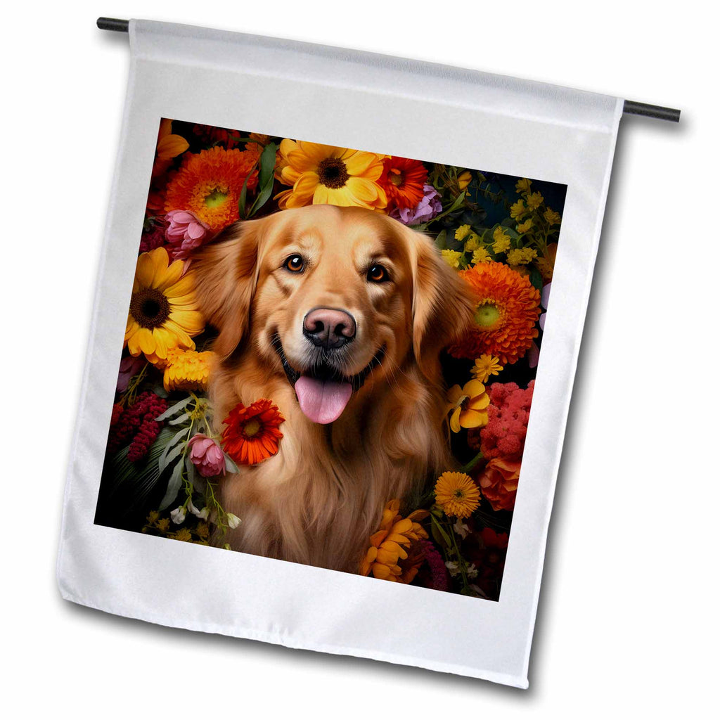 3dRose CR Media - Illustrations - Golden Retriever with Floral Background - Flags (fl-385176)