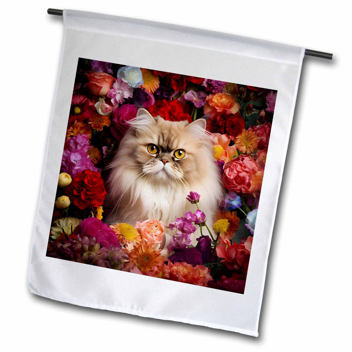 3dRose CR Media - Illustrations - Persian cat with Floral Background - Flags (fl-385181)
