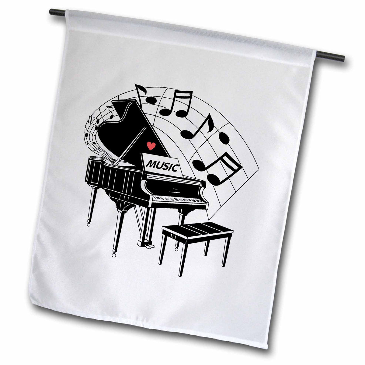 3dRose Florene Music - Black Piano with Dancing Notes n Love Music on It - Flags (fl_44809)